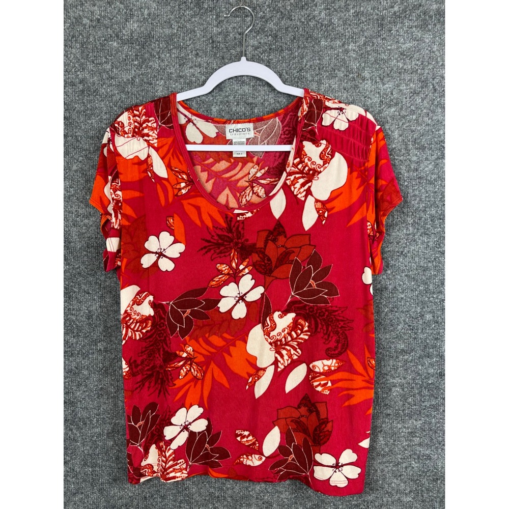 Chico's Travelers Top Women Size 2 Red Floral Excellent Slinky Knit Short Sleeve